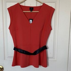 Coral V-Neck Blouse with Black Accent